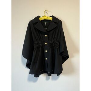 Black Cape Coat Ruched Waist Snap Front Wool Blend Black Collared Aqua Small